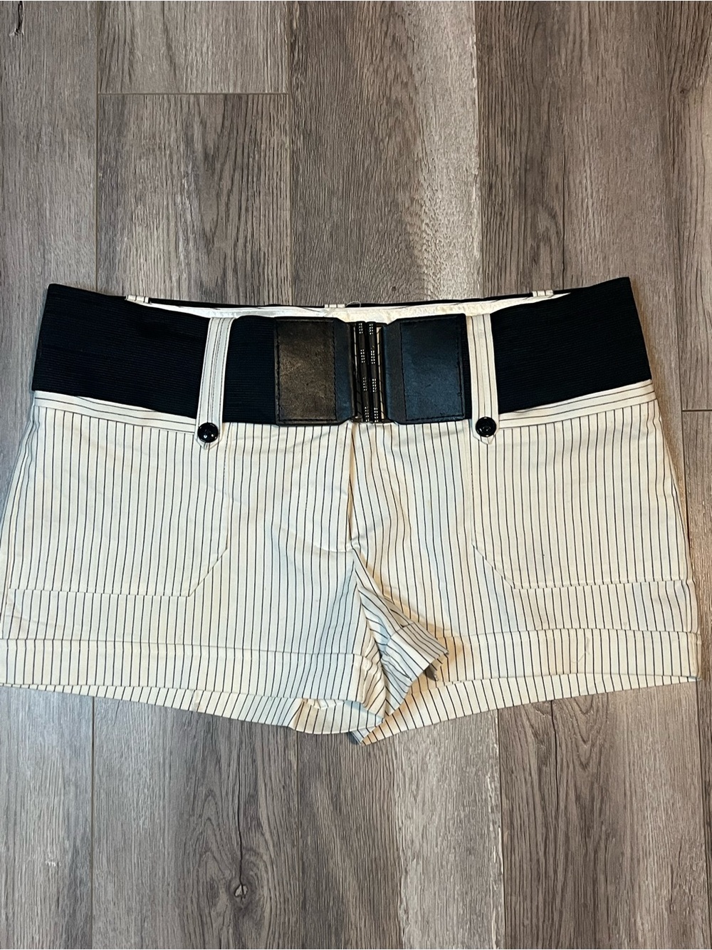 Guess Cream Pinstripe Shorts with Black Waistband